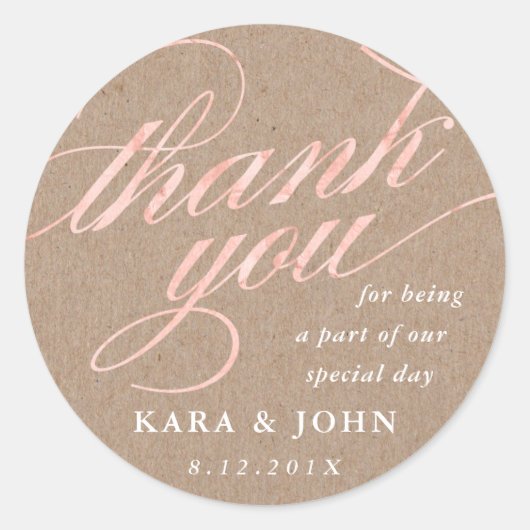 Sticker Rond Rustique Kraft & Rose Gold Script Merci Favoriser (Devant)