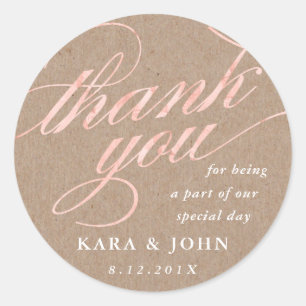 Sticker Rond Rustique Kraft & Rose Gold Script Merci Favoriser