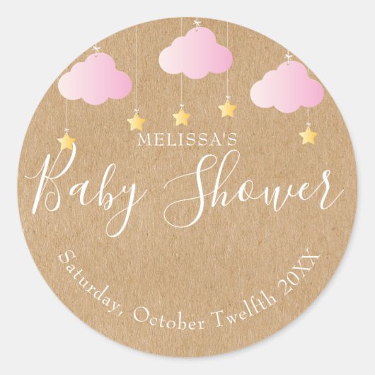 Sticker Rond Rustique kraft scintiller baby shower rose (Devant)