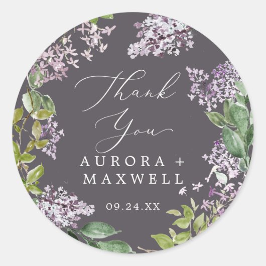 Sticker Rond Rustique Lilac | Gray Merci Favor mariage (Devant)