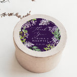 Sticker Rond Rustique Lilac | Merci violet Faveur de mariage<br><div class="desc">Ces autocollants rustiques lilas violet vous remercient pour votre mariage sont parfaits pour une réception de mariage de printemps ou d'été. Le design floral romantique et élégant présente des fleurs sauvages lilas violets d'aquarelle aux allures de jardin boho. Personnalisez les étiquettes autocollants avec vos noms, l'événement (le cas échéant) et...</div>