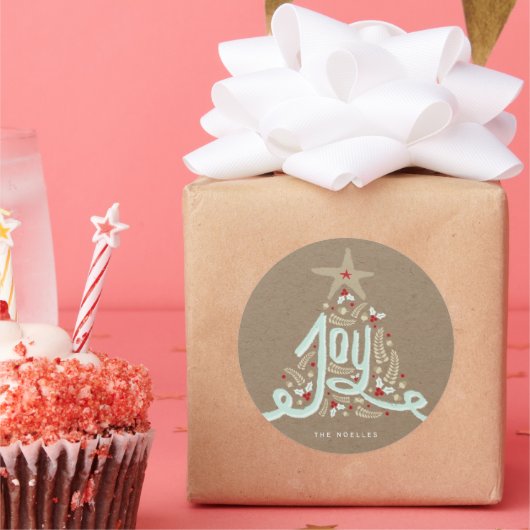 Sticker Rond Rustique Main Lettré Joie Calligraphie Kraft Holid (Fête)