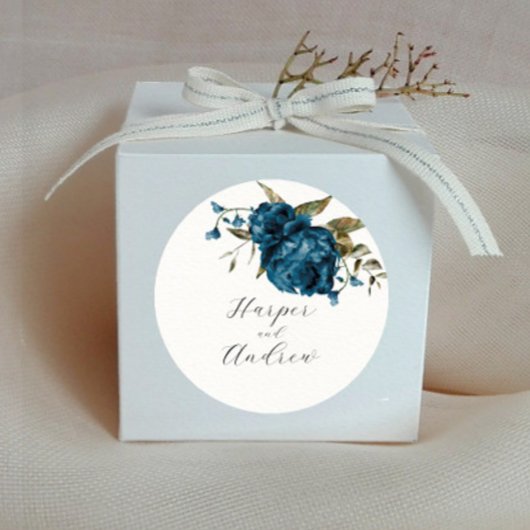Sticker Rond Rustique Marine Blue Floral Mariage Faveur