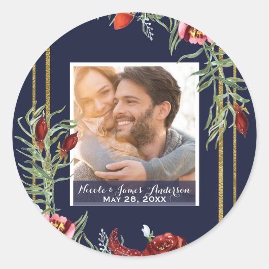 Sticker Rond Rustique Marsala Floral Photo Marine Mariage bleu (Devant)