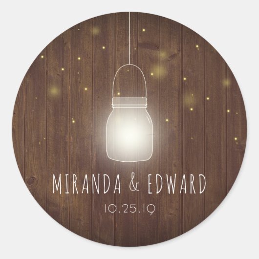 Sticker Rond Rustique Mason Jar Fireflies Mariage Faveur (Devant)