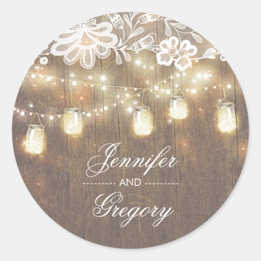 Sticker Rond Rustique Mason Jar illumine dentelle mariage en bo (Devant)