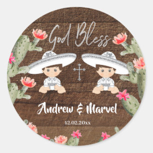 Sticker Rond Rustique Mexicain Argent Charro Twins Garçon Baptê