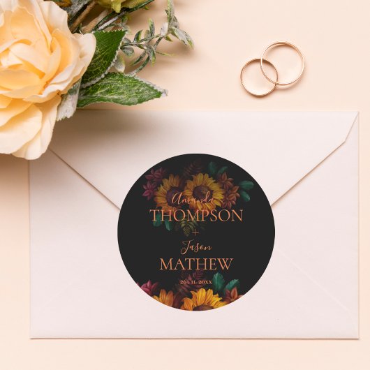 Sticker Rond Rustique Noir Brûlé Orange Joli Mariage Floral