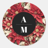 Sticker Rond Rustique Noir Poinsettia Floral Mariage de Noël (Devant)