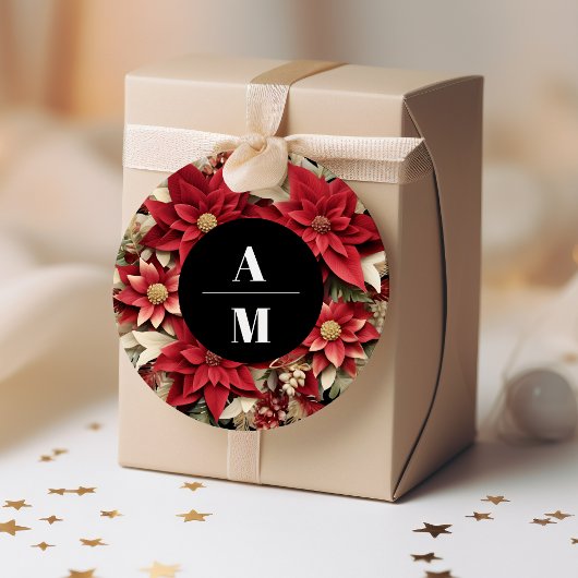 Sticker Rond Rustique Noir Poinsettia Floral Mariage de Noël
