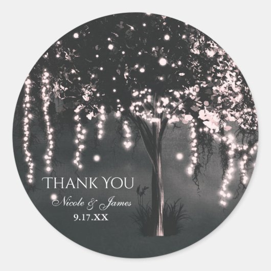 Sticker Rond Rustique Nuit Mossy Tree Lumières Mariage Faveur (Devant)