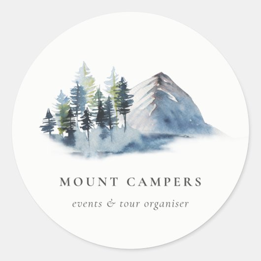 Sticker Rond Rustique Pine des neiges Bois aquarelle Camping Mo (Devant)