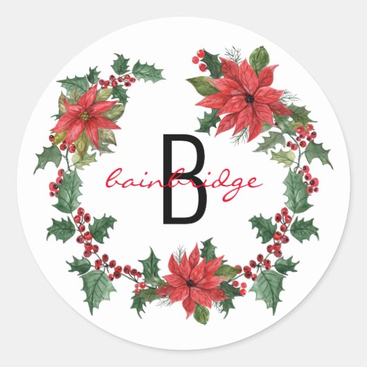 Sticker Rond Rustique Poinsettia Wreath Monogramme Noël (Devant)