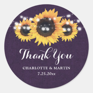 Sticker Rond Rustique Purple Burlap Sunflower Mariage Faveur