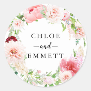 Sticker Rond Rustique rose rose Peony Wreath Wedding Favor