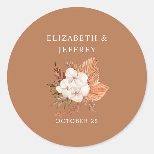 Sticker Rond Rustique Terracotta Boho Pampas Orchidées Mariage (Devant)