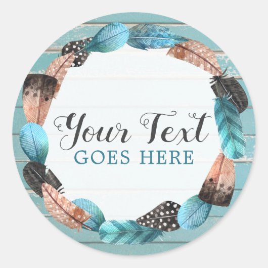 Sticker Rond Rustique Turquoise Bois & Plumes Wreath Boho Chic (Devant)