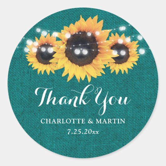 Sticker Rond Rustique Turquoise Burlap Sunflower Mariage Faveur (Devant)