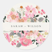 Sticker Rond Rustique vif rose Aquarelle rose Mariage Floral (Devant)