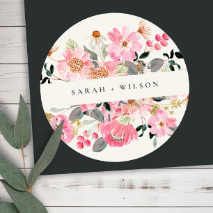 Sticker Rond Rustique vif rose Aquarelle rose Mariage Floral