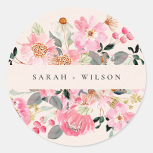 Sticker Rond Rustique vif rose Aquarelle rose Mariage Floral
