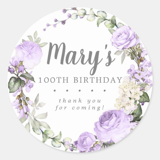 Sticker Rond Rustique violet floral 100e anniversaire Merci (Devant)