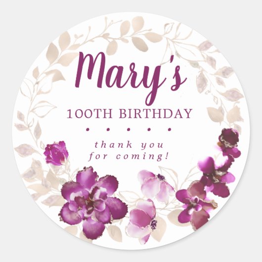 Sticker Rond Rustique violet rose floral 100e anniversaire Merc (Devant)