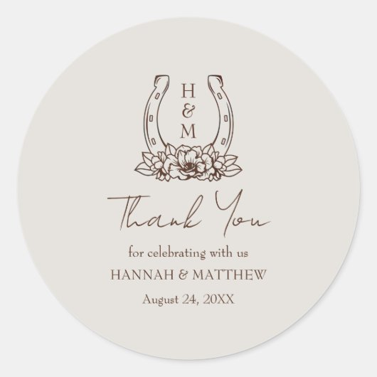 Sticker Rond Rustique Western Boho Horseshoe Mariage Merci (Devant)