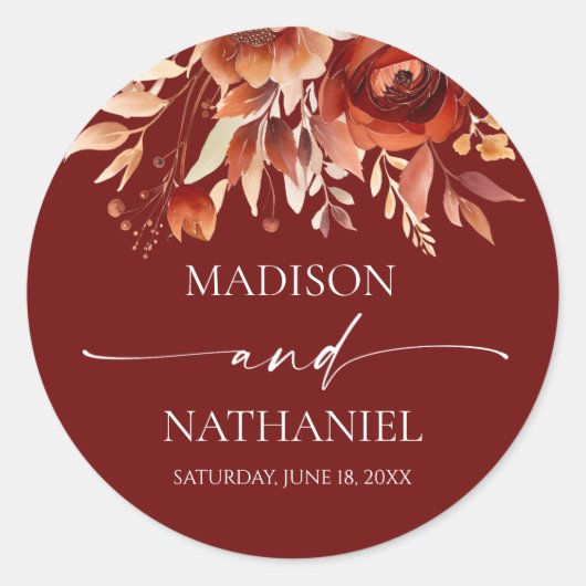 Sticker Rond Rusty Burgundy Brown Floral Flower Wedding (Devant)