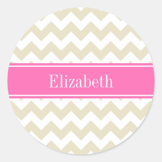 Sticker Rond Sable Beige Blanc Chevron Hot Pink #2 Nom Monogram (Devant)