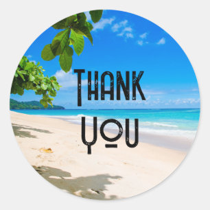 Sticker Rond Sable de soleil et Surf Tropical Beach Merci