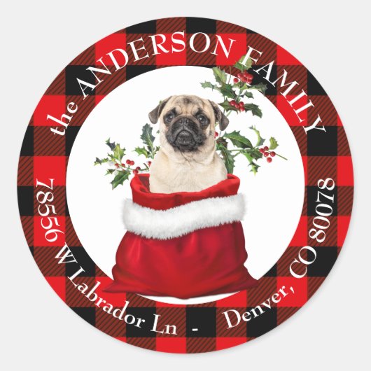 Sticker Rond Sac cadeau Cute Carlin Chien Plaid Frame Adresse d (Devant)