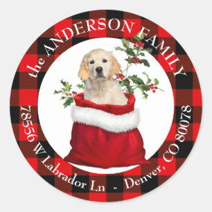 Sticker Rond Sac cadeau Golden Retriever Plaid Frame