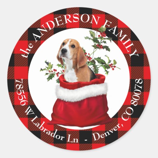 Sticker Rond Sac cadeau mignon Beagle Chien Plaid Cadre (Devant)