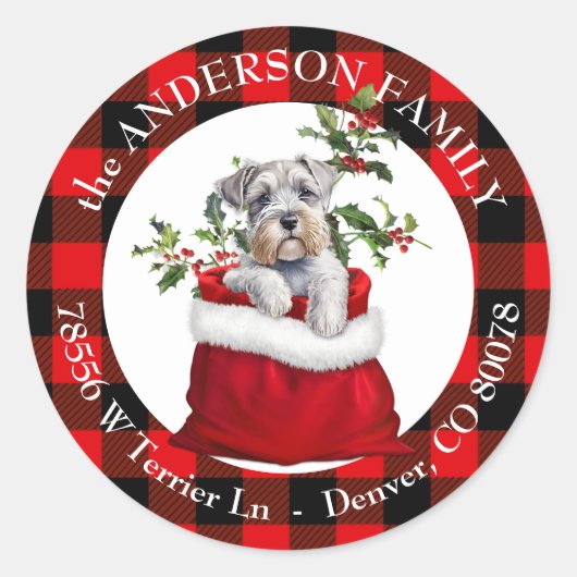 Sticker Rond Sac cadeau Schnauzer Chien Plaid Frame Adresse de  (Devant)