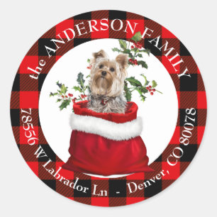 Sticker Rond Sac cadeau Yorkie Terrier Cadre Plaid Adresse de r