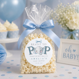Sticker Rond Sac de pop-corn Baby Shower éléphant prêt à éclore