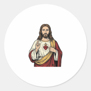 Sticker Rond Sacré-Cœur Jésus Gravure Vintage Art Vectoriel_1