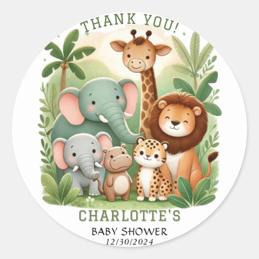 Sticker Rond Safari Animaux Baby shower Merci (Devant)