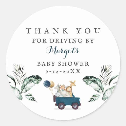 Sticker Rond Safari Animaux Conduite Par Baby shower Verdure Or (Devant)