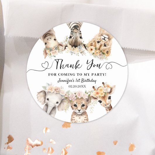 Sticker Rond Safari Animaux Fille Anniversaire Classic Round