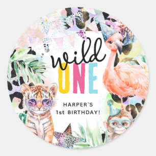 Sticker Rond Safari Animaux Sauvages UN Premier Anniversaire