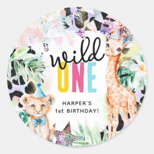 Sticker Rond Safari Animaux Sauvages UN Premier Anniversaire
