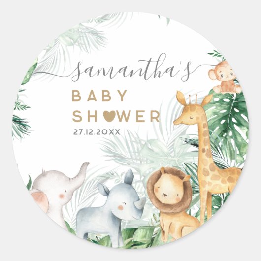 Sticker Rond Safari Bébé Animaux Baby shower de verdure (Devant)