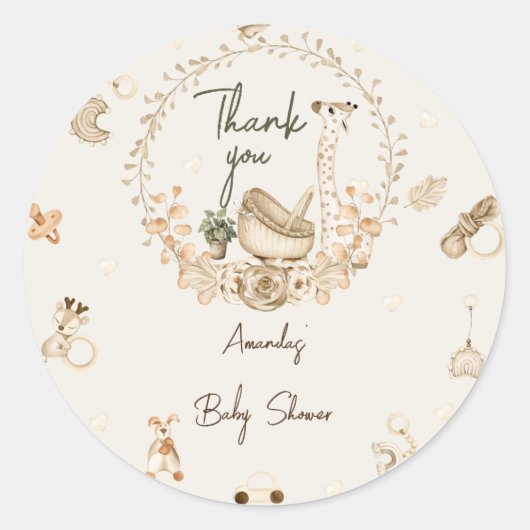 Sticker Rond Safari Boho Baby shower animal Merci (Devant)