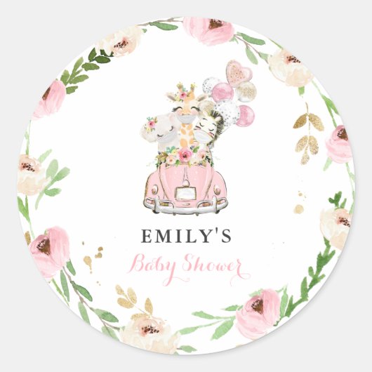 Sticker Rond Safari Floral Rose Animaux Conduits Par Baby showe (Devant)