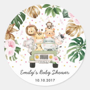 Sticker Rond Safari floral rose Animaux sauvages Baby shower pr