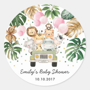 Sticker Rond Safari Jungle Animaux Ballons roses verts bébé