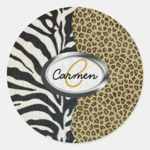 Sticker Rond Safari Leopard et Zebra Print Monogramme