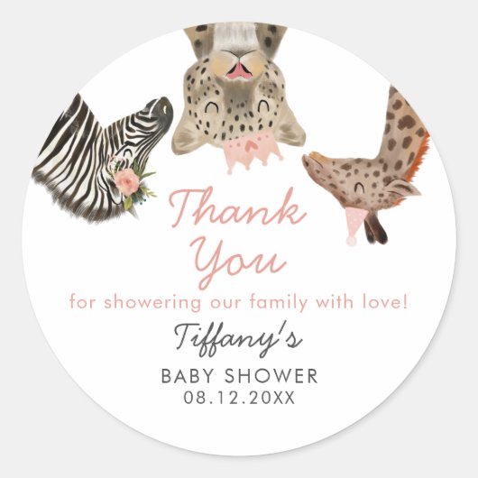 Sticker Rond Safari rose Animaux Thème Baby shower Classic Rou (Devant)
